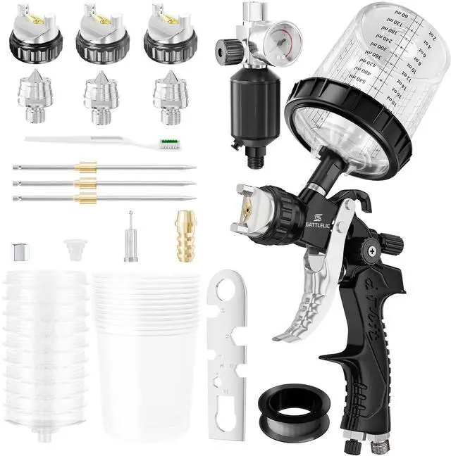 Main image of HVLP Air Spray Gun with 1.4/1.7/2mm Nozzles & Air Compressor Regulator, Air Spray Paint Gun w/10pcs 600cc Mixing Cup and Lids, Automotive Paint Sprayer for Car, House Painting, Furniture
