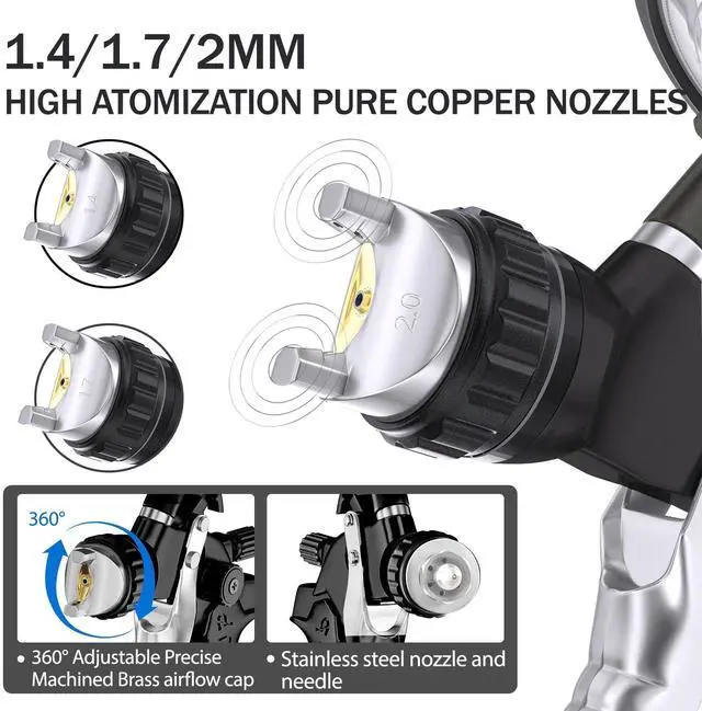 Alt view image 2 of 7 - HVLP Air Spray Gun with 1.4/1.7/2mm Nozzles & Air Compressor Regulator, Air Spray Paint Gun w/10pcs 600cc Mixing Cup and Lids, Automotive Paint Sprayer for Car, House Painting, Furniture