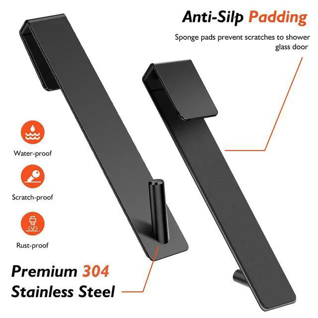 Alt view image 6 of 7 - Shower Door Hooks(7.5 Inch),Extended Over Door Hooks for Bathroom Frameless Glass Shower Door,Stainless Steel Towel Hooks,Heavy Duty Rack Hooks for Robe,Towel-2 Pack-Black