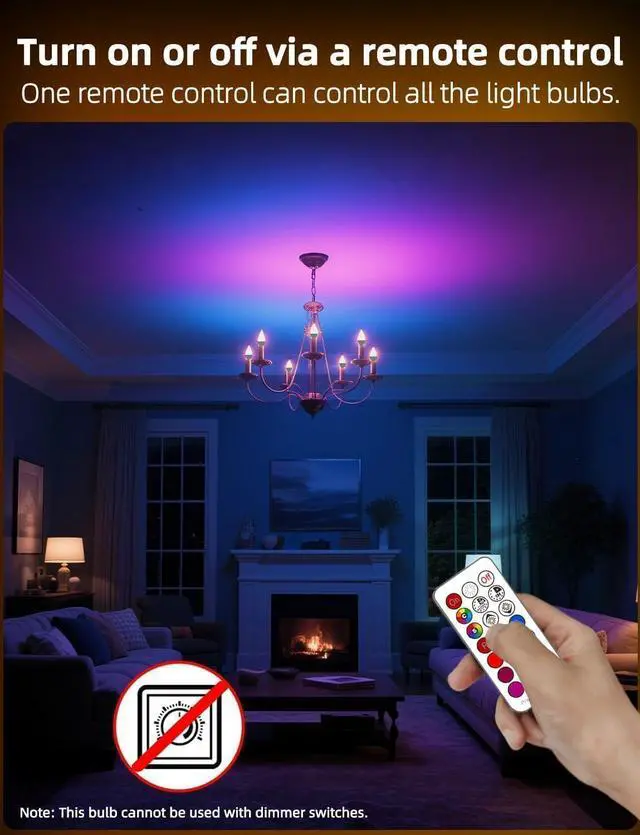 Alt view image 3 of 7 - E12 Candelabra Light Bulbs, 120V Color Changing Bulb with Remote, Plug-in Only, E12 Base, 12 RGB+2700K Warm White, 40W Equiv (5W), 450LM, Timer, 2 Modes, for Chandelier/Ceiling Fan, 12 Pack