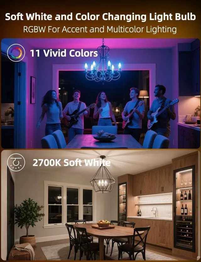Alt view image 4 of 7 - E12 Candelabra Light Bulbs, 120V Color Changing Bulb with Remote, Plug-in Only, E12 Base, 12 RGB+2700K Warm White, 40W Equiv (5W), 450LM, Timer, 2 Modes, for Chandelier/Ceiling Fan, 12 Pack