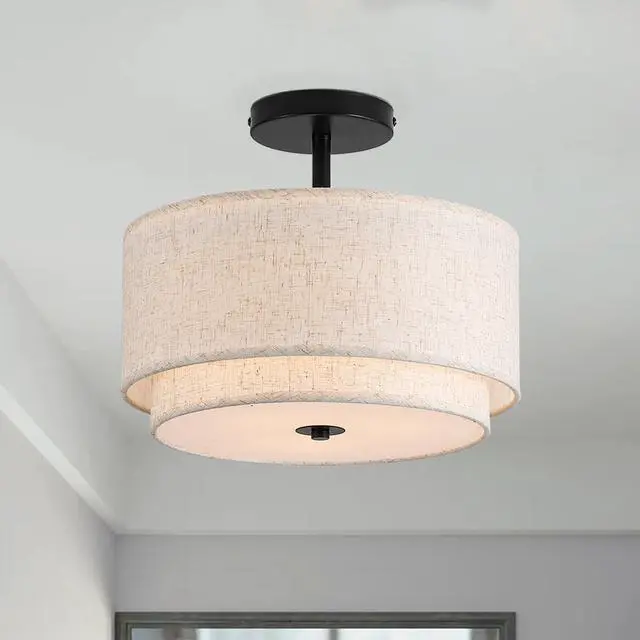 Main image of 12.6inch Flush Mount Ceiling Light Fixture,3-Light Modern Close to Ceiling Light with 2-Layer Linen Fabric Shade,Farmhouse Drum Ceiling Mount Lamp for Bedroom Hallway Living Room