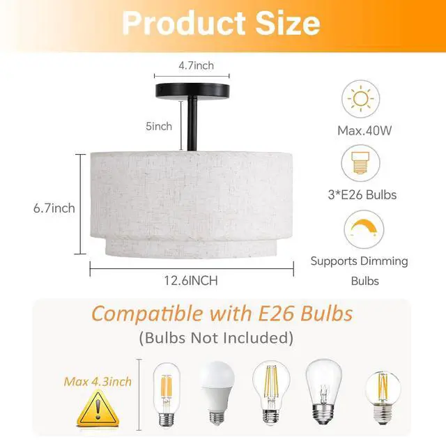Alt view image 2 of 7 - 12.6inch Flush Mount Ceiling Light Fixture,3-Light Modern Close to Ceiling Light with 2-Layer Linen Fabric Shade,Farmhouse Drum Ceiling Mount Lamp for Bedroom Hallway Living Room