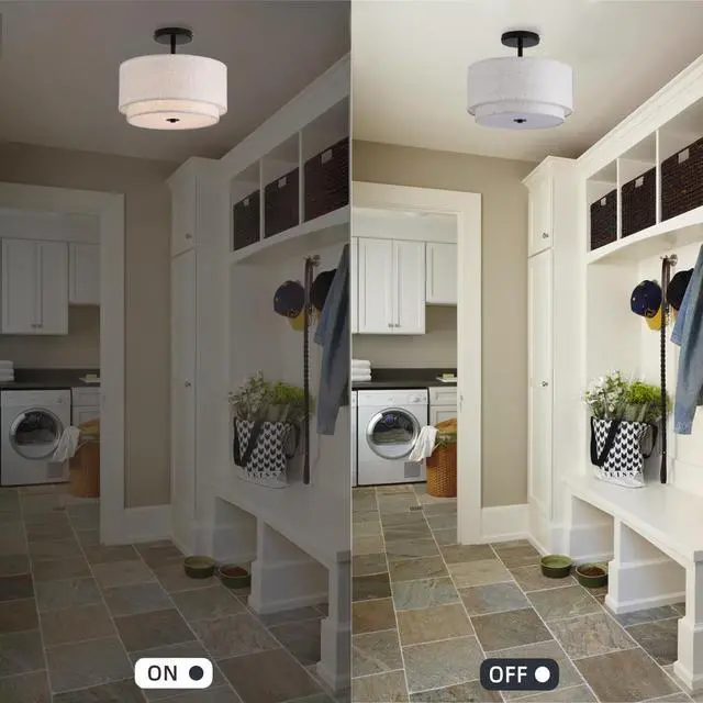 Alt view image 4 of 7 - 12.6inch Flush Mount Ceiling Light Fixture,3-Light Modern Close to Ceiling Light with 2-Layer Linen Fabric Shade,Farmhouse Drum Ceiling Mount Lamp for Bedroom Hallway Living Room