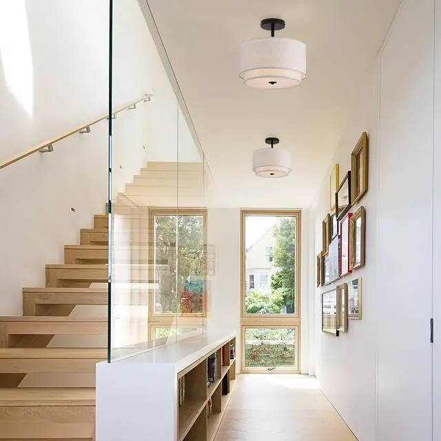 Alt view image 5 of 7 - 12.6inch Flush Mount Ceiling Light Fixture,3-Light Modern Close to Ceiling Light with 2-Layer Linen Fabric Shade,Farmhouse Drum Ceiling Mount Lamp for Bedroom Hallway Living Room