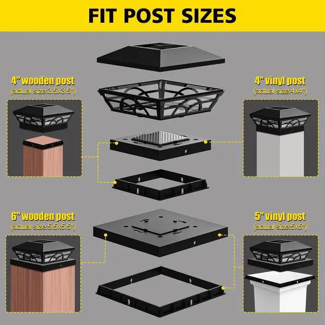 Alt view image 2 of 7 - 4X4 Post Solar Lights, Color Changing Solar Post Lights, Black 6 Pack | IP65 Waterproof,Fence Post Lights for 3.5x3.5 4x4 5x5 5.5x5.5 Wood/Vinyl Posts, Solar Deck Post Lights for Patio,Garden,Porch