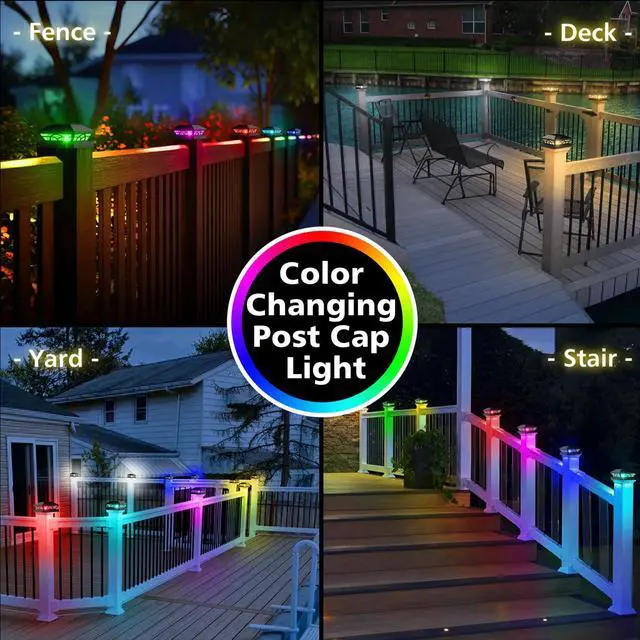 Alt view image 3 of 7 - 4X4 Post Solar Lights, Color Changing Solar Post Lights, Black 6 Pack | IP65 Waterproof,Fence Post Lights for 3.5x3.5 4x4 5x5 5.5x5.5 Wood/Vinyl Posts, Solar Deck Post Lights for Patio,Garden,Porch