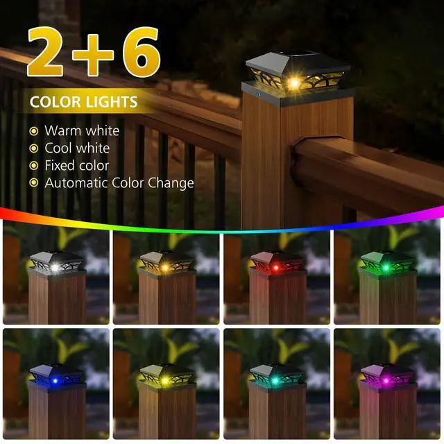 Alt view image 4 of 7 - 4X4 Post Solar Lights, Color Changing Solar Post Lights, Black 6 Pack | IP65 Waterproof,Fence Post Lights for 3.5x3.5 4x4 5x5 5.5x5.5 Wood/Vinyl Posts, Solar Deck Post Lights for Patio,Garden,Porch