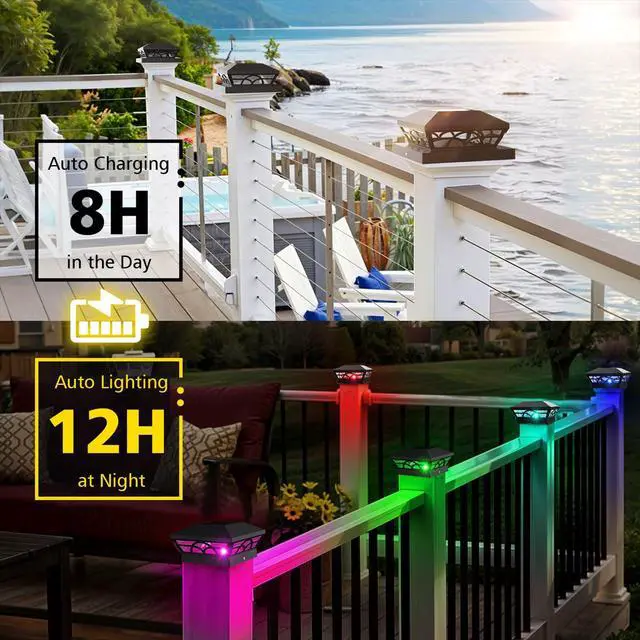 Alt view image 5 of 7 - 4X4 Post Solar Lights, Color Changing Solar Post Lights, Black 6 Pack | IP65 Waterproof,Fence Post Lights for 3.5x3.5 4x4 5x5 5.5x5.5 Wood/Vinyl Posts, Solar Deck Post Lights for Patio,Garden,Porch