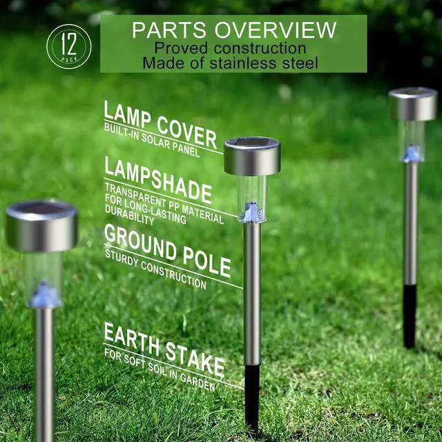 Alt view image 2 of 7 - Solar Lights Outdoor Waterproof, Solar Garden Lights, Multicolor, 12 Pack | Outdoor Solar Lights Stainless Steel LED Landscape Lighting Decorations for Yard Pathway Patio Lawn