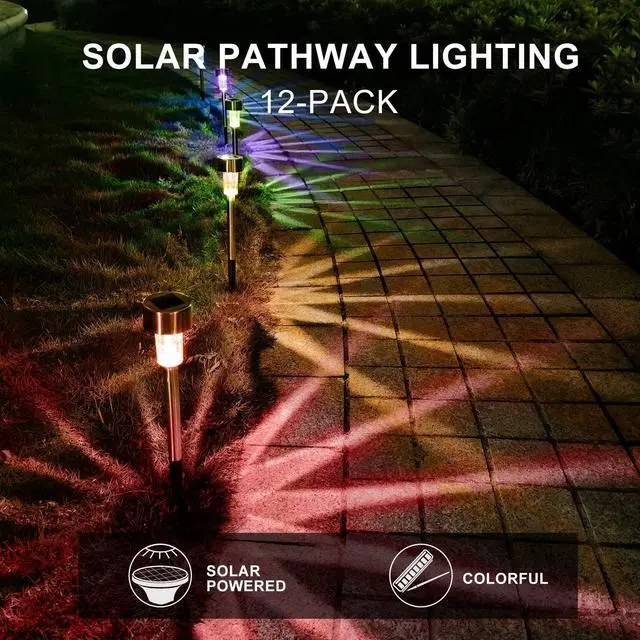 Alt view image 3 of 7 - Solar Lights Outdoor Waterproof, Solar Garden Lights, Multicolor, 12 Pack | Outdoor Solar Lights Stainless Steel LED Landscape Lighting Decorations for Yard Pathway Patio Lawn