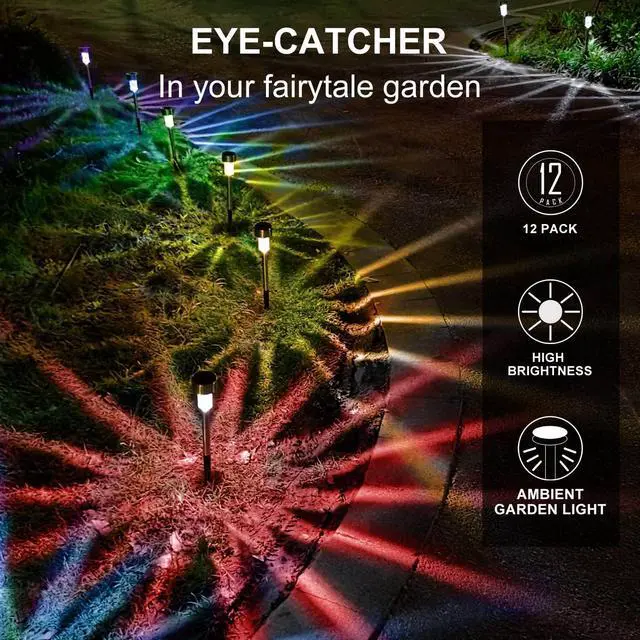 Alt view image 4 of 7 - Solar Lights Outdoor Waterproof, Solar Garden Lights, Multicolor, 12 Pack | Outdoor Solar Lights Stainless Steel LED Landscape Lighting Decorations for Yard Pathway Patio Lawn