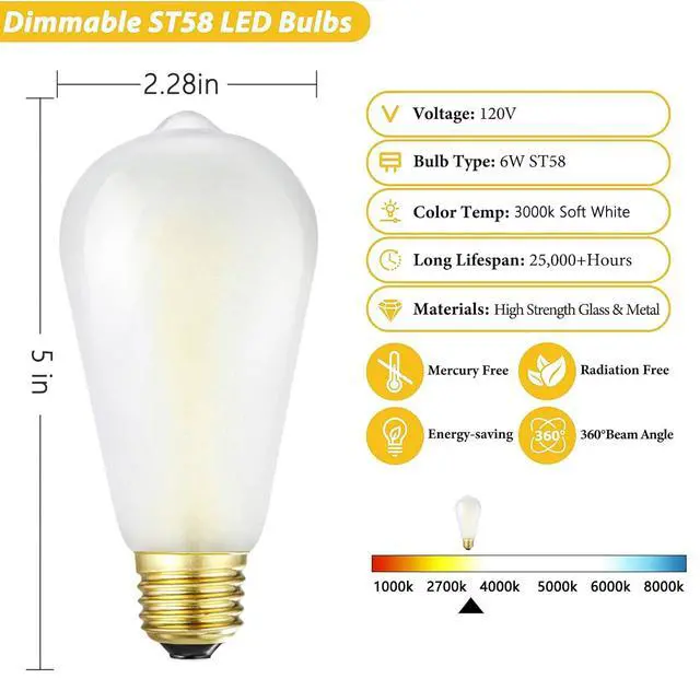 Alt view image 2 of 7 - E26 Frosted Edison LED Bulbs 60W Dimmable 3000K Vintage Light Bulbs | Soft White 6W Equal 60W Frosted LED Bulbs,600LM,AC120V, ST58 Dimmable Antique LED Filament Bulbs with 90+ CRI, 6Pack