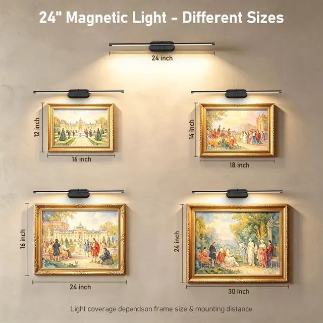 Alt view image 2 of 7 - 24" Wireless Picture Light for Wall, Rechargeable Art Light with Remote, 8000mAh Battery Operated, 3 Color Modes & Brightness Levels, Memory Timer, for 16-30" Painting Frame Gallery