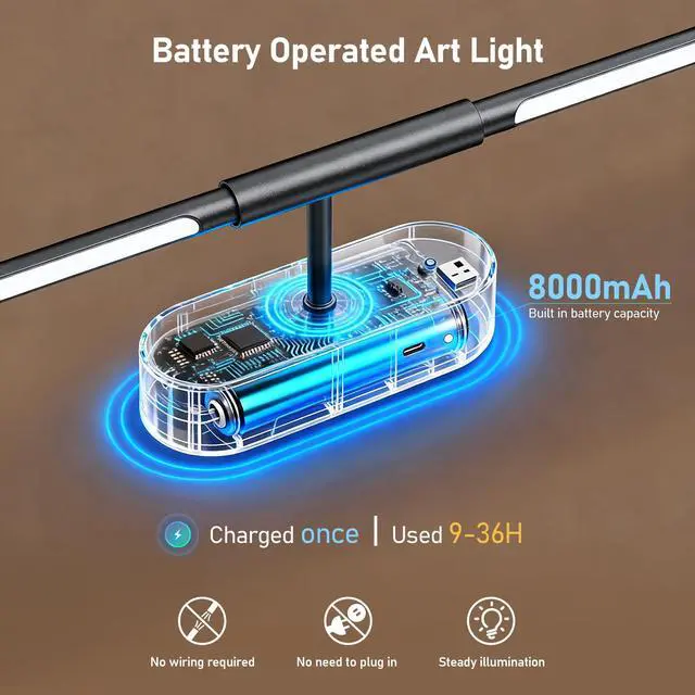 Alt view image 4 of 7 - 24" Wireless Picture Light for Wall, Rechargeable Art Light with Remote, 8000mAh Battery Operated, 3 Color Modes & Brightness Levels, Memory Timer, for 16-30" Painting Frame Gallery