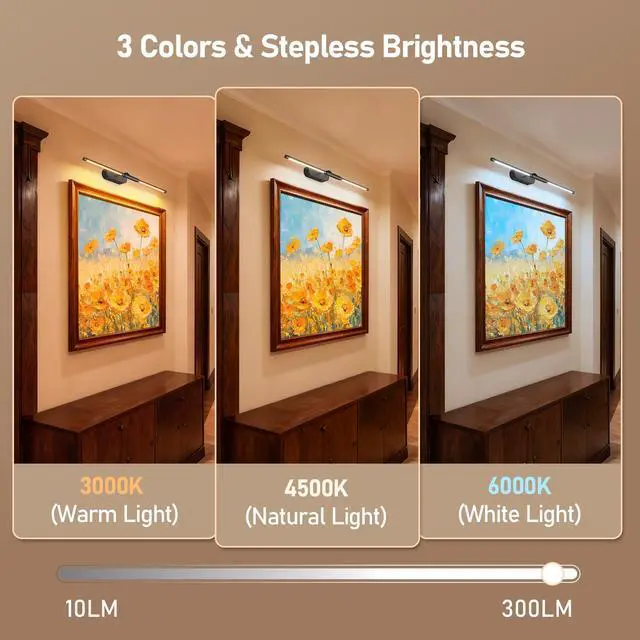 Alt view image 5 of 7 - 24" Wireless Picture Light for Wall, Rechargeable Art Light with Remote, 8000mAh Battery Operated, 3 Color Modes & Brightness Levels, Memory Timer, for 16-30" Painting Frame Gallery