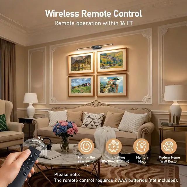 Alt view image 6 of 7 - 24" Wireless Picture Light for Wall, Rechargeable Art Light with Remote, 8000mAh Battery Operated, 3 Color Modes & Brightness Levels, Memory Timer, for 16-30" Painting Frame Gallery
