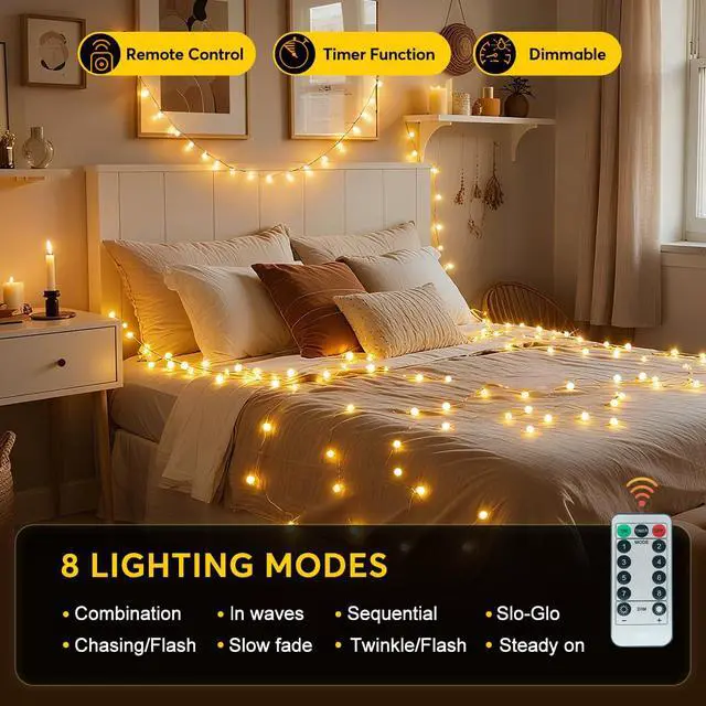 Alt view image 2 of 7 - 49.2ft Globe String Lights with Remote for Indoor Bedroom Warm White | 100 LED Fairy Lights with Timer, 8 Modes, 16ft Extended Lead, Linkable for Bedroom,Dorm,Classroom,Christmas,Indoor Decor