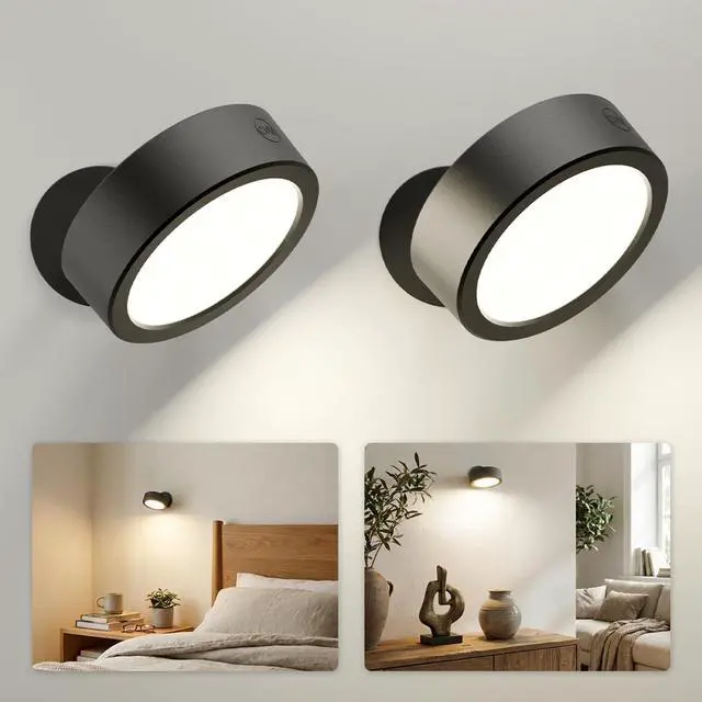Main image of LED Wall Mounted Light, 3000mAh Rechargeable Cordless Wall Sconce, Dimmable with Remote & Touch Control, 3 Color Temps, 360° Rotatable for Bedroom, Bedside (Black, 2 Pack)
