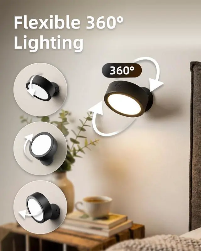 Alt view image 4 of 7 - LED Wall Mounted Light, 3000mAh Rechargeable Cordless Wall Sconce, Dimmable with Remote & Touch Control, 3 Color Temps, 360° Rotatable for Bedroom, Bedside (Black, 2 Pack)