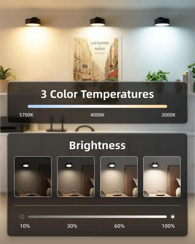 Alt view image 7 of 7 - LED Wall Mounted Light, 3000mAh Rechargeable Cordless Wall Sconce, Dimmable with Remote & Touch Control, 3 Color Temps, 360° Rotatable for Bedroom, Bedside (Black, 2 Pack)