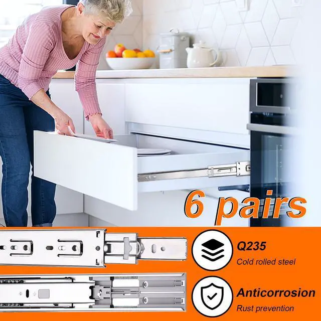 Alt view image 7 of 7 - 16 inch Drawer Slides 6 Pairs (12pcs) Soft Self Close 3 fold Full Extension Ball Bearing Cabinet Drawer Glides Side Mount for Dresser, Cabinet, Kitchen 100 LB Capacity 16" Silver