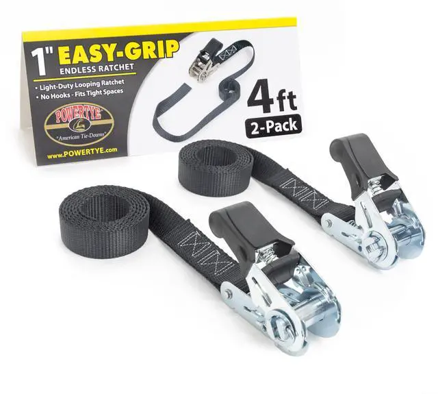 Main image of 1in x 4ft Easy-Grip Endless Ratchet Straps, Black 2-Pack | Endless Straps with No Hooks, For Motorcycles, RVs, Batteries, Coolers & Cargo, 400lb Working Load, 1200lb Break Strength