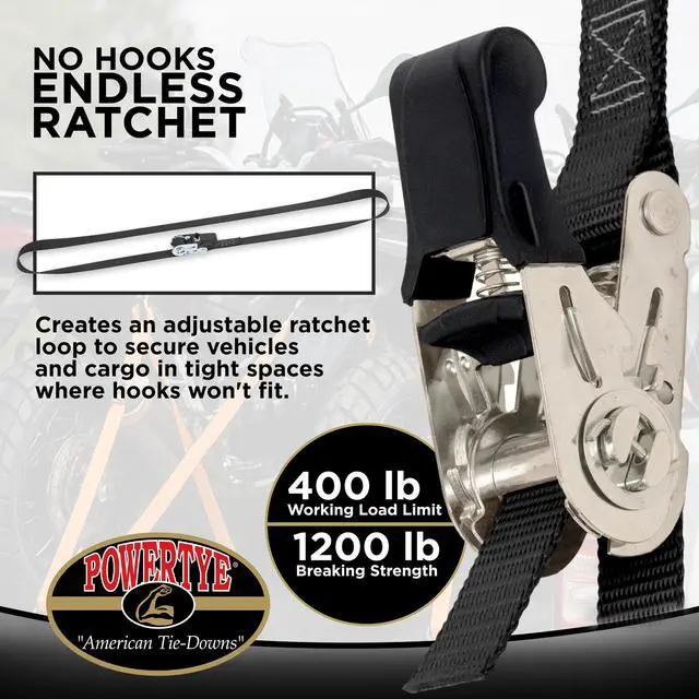 Alt view image 2 of 7 - 1in x 4ft Easy-Grip Endless Ratchet Straps, Black 2-Pack | Endless Straps with No Hooks, For Motorcycles, RVs, Batteries, Coolers & Cargo, 400lb Working Load, 1200lb Break Strength