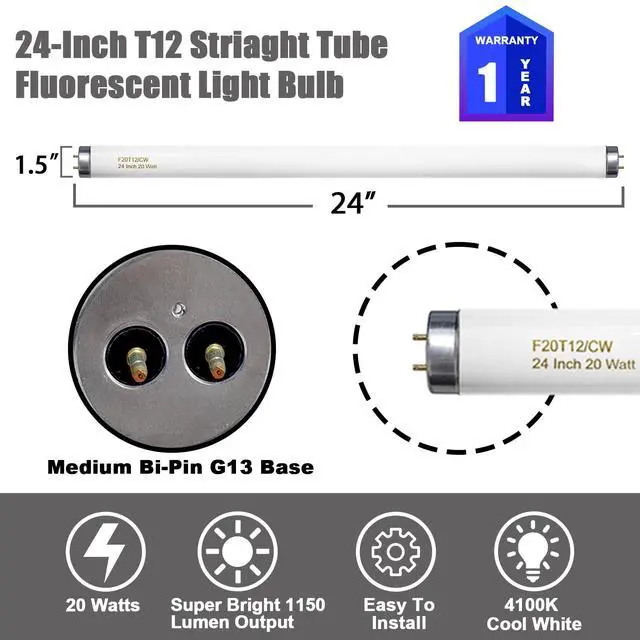 Alt view image 2 of 7 - 24 Inch T12 Fluorescent Tube Light Bulb 20 Watt Cool White, F20T12/CW 4100K Replacement for F20T12/CW/ALTO, F20T12/CW/ECO, F20T12/SP41/ECO G13 Base 1200 Lumens 4 Counts
