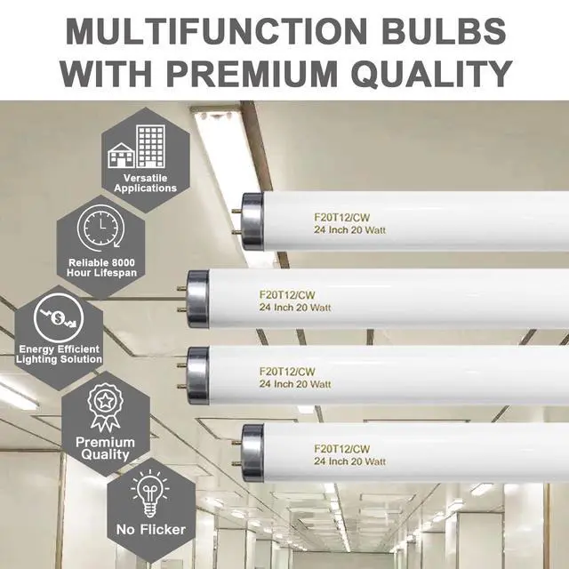 Alt view image 3 of 7 - 24 Inch T12 Fluorescent Tube Light Bulb 20 Watt Cool White, F20T12/CW 4100K Replacement for F20T12/CW/ALTO, F20T12/CW/ECO, F20T12/SP41/ECO G13 Base 1200 Lumens 4 Counts