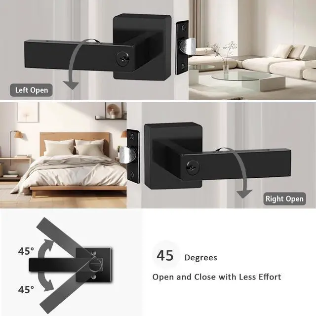 Alt view image 3 of 7 - Matte Black Door Handle Heavy Duty, Keyed Alike Entry Door Lever | Door Knobs with Lock and Key, Square Door Lever for Bedroom, Bathroom and Front Door
