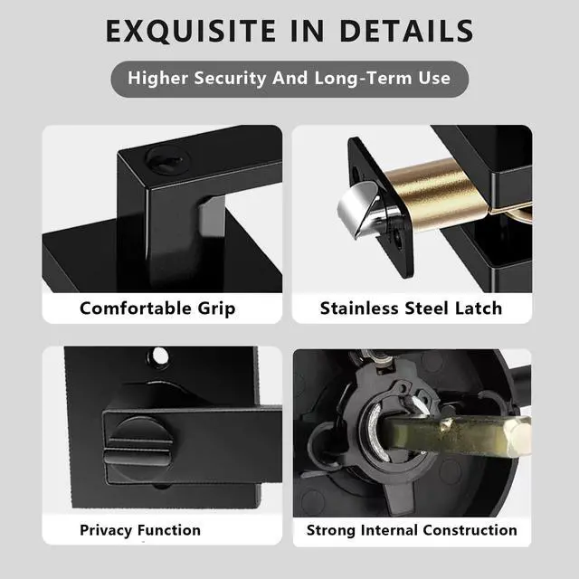 Alt view image 5 of 7 - Matte Black Door Handle Heavy Duty, Keyed Alike Entry Door Lever | Door Knobs with Lock and Key, Square Door Lever for Bedroom, Bathroom and Front Door