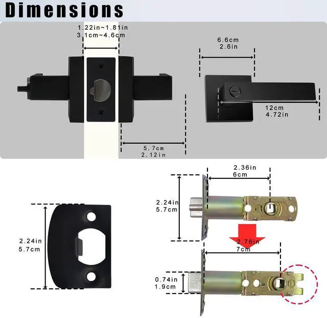 Alt view image 6 of 7 - Matte Black Door Handle Heavy Duty, Keyed Alike Entry Door Lever | Door Knobs with Lock and Key, Square Door Lever for Bedroom, Bathroom and Front Door