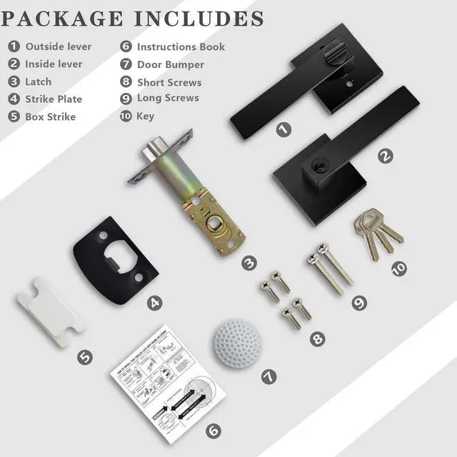 Alt view image 7 of 7 - Matte Black Door Handle Heavy Duty, Keyed Alike Entry Door Lever | Door Knobs with Lock and Key, Square Door Lever for Bedroom, Bathroom and Front Door
