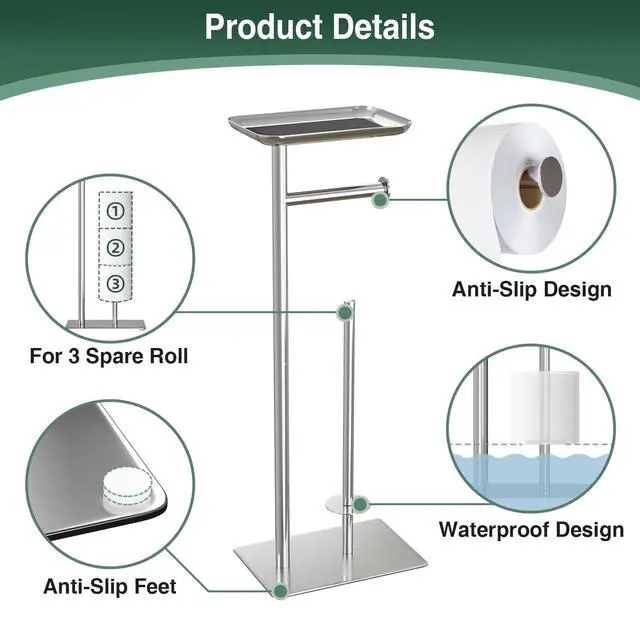 Alt view image 5 of 7 - Toilet Paper Holder Stand with Top Storage Shelf | Free Standing Toilet Roll Dispenser for Bathroom, Holds 4 Reserve Rolls, Silver