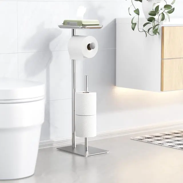Alt view image 2 of 7 - Toilet Paper Holder Stand with Top Storage Shelf | Free Standing Toilet Roll Dispenser for Bathroom, Holds 4 Reserve Rolls, Silver