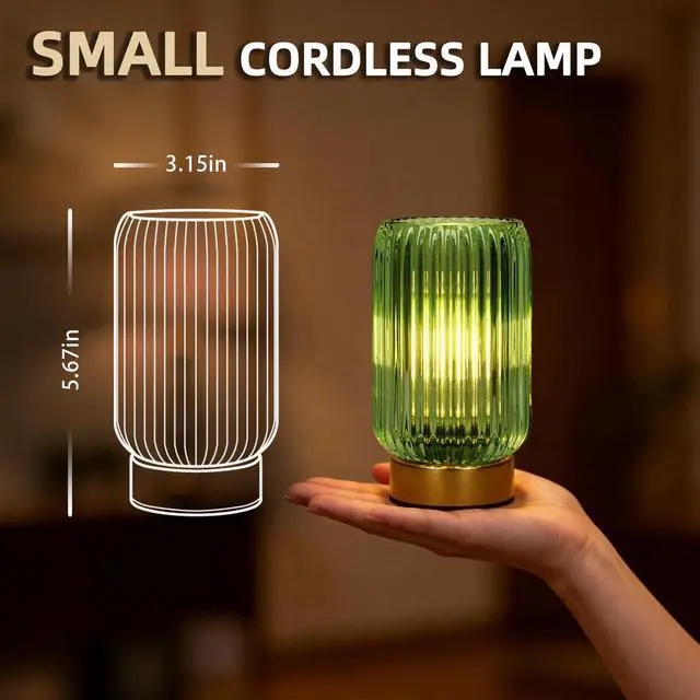 Alt view image 2 of 7 - Cordless Lamp, Battery Operated Lamp with Timer, Green Glass Lampshade, Small Table Lamps for Area No Plug, Decorative Led Light for Bedroom Living Room Shelf (Green)