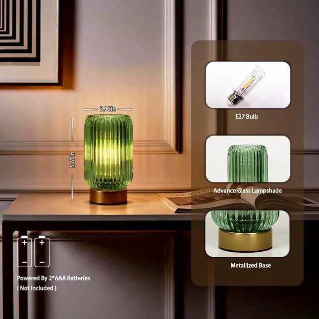 Alt view image 3 of 7 - Cordless Lamp, Battery Operated Lamp with Timer, Green Glass Lampshade, Small Table Lamps for Area No Plug, Decorative Led Light for Bedroom Living Room Shelf (Green)