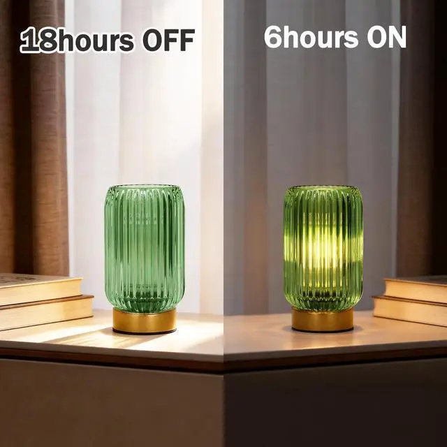 Alt view image 4 of 7 - Cordless Lamp, Battery Operated Lamp with Timer, Green Glass Lampshade, Small Table Lamps for Area No Plug, Decorative Led Light for Bedroom Living Room Shelf (Green)