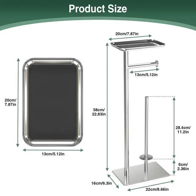 Alt view image 6 of 7 - Toilet Paper Holder Stand with Top Storage Shelf | Free Standing Toilet Roll Dispenser for Bathroom, Holds 4 Reserve Rolls, Silver