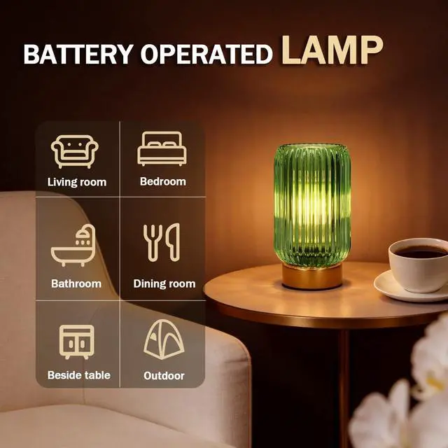 Alt view image 5 of 7 - Cordless Lamp, Battery Operated Lamp with Timer, Green Glass Lampshade, Small Table Lamps for Area No Plug, Decorative Led Light for Bedroom Living Room Shelf (Green)