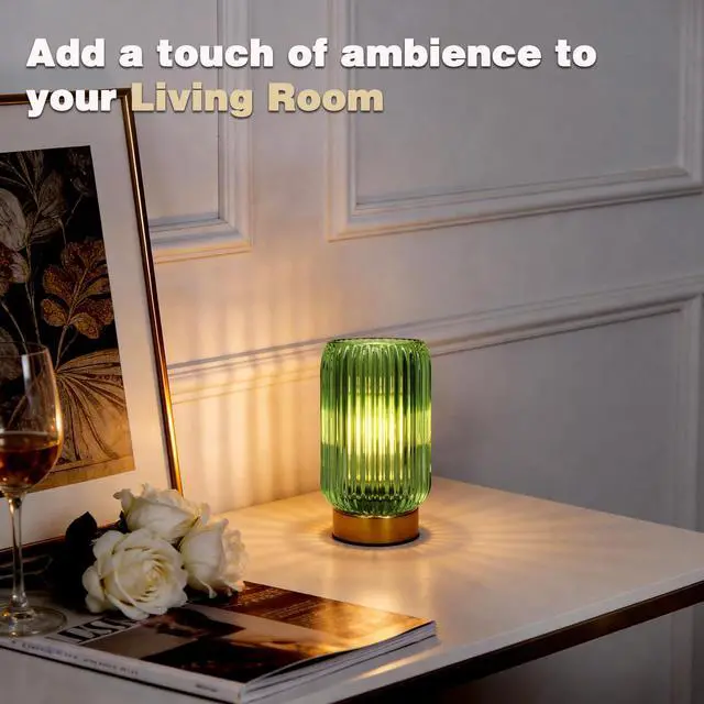 Alt view image 6 of 7 - Cordless Lamp, Battery Operated Lamp with Timer, Green Glass Lampshade, Small Table Lamps for Area No Plug, Decorative Led Light for Bedroom Living Room Shelf (Green)