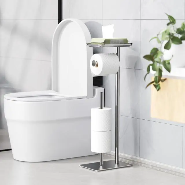 Alt view image 7 of 7 - Toilet Paper Holder Stand with Top Storage Shelf | Free Standing Toilet Roll Dispenser for Bathroom, Holds 4 Reserve Rolls, Silver