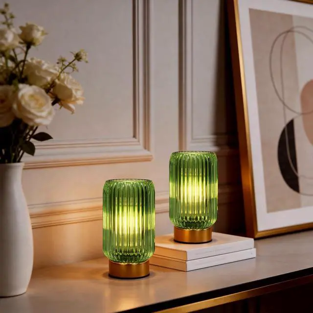 Alt view image 7 of 7 - Cordless Lamp, Battery Operated Lamp with Timer, Green Glass Lampshade, Small Table Lamps for Area No Plug, Decorative Led Light for Bedroom Living Room Shelf (Green)