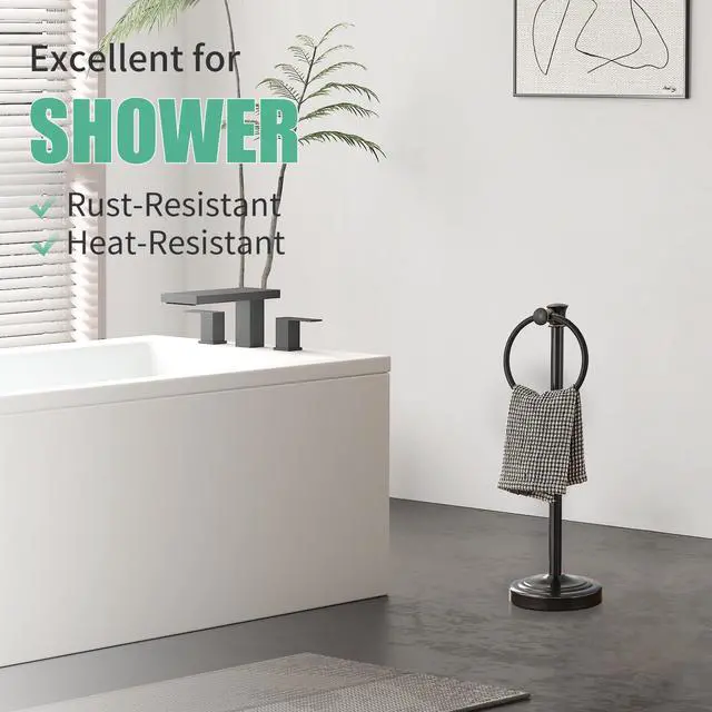 Alt view image 3 of 7 - Hand Towel Holder Free Standing Towel Bar Oil Rubbed Bronze | Hanging Floor Hand Towel Rack Ring, for Bathroom Kitchen Vanity Countertops, Hardware Accessories SUS 304 Heavy-Duty Base