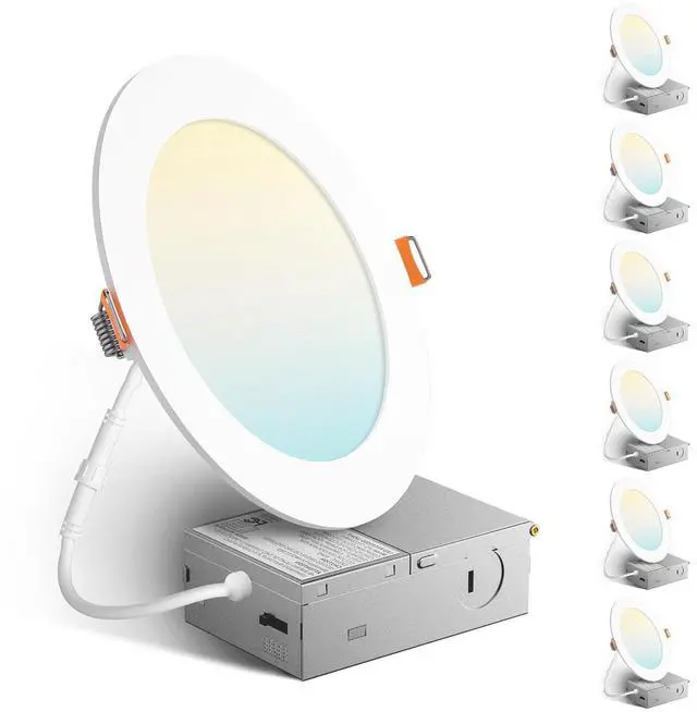 Main image of 6 Pack 6 Inch Ultra-Thin LED Recessed Ceiling Light, 5CCT, 1050LM | 5%-100% Dimmable, 2700K-5000K, No Flicker & Noise, Canless Wafer Downlight with Junction Box, 12W Eqv 110W, IC/ETL/FCC, White