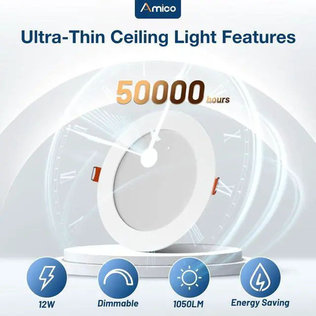 Alt view image 3 of 7 - 6 Pack 6 Inch Ultra-Thin LED Recessed Ceiling Light, 5CCT, 1050LM | 5%-100% Dimmable, 2700K-5000K, No Flicker & Noise, Canless Wafer Downlight with Junction Box, 12W Eqv 110W, IC/ETL/FCC, White