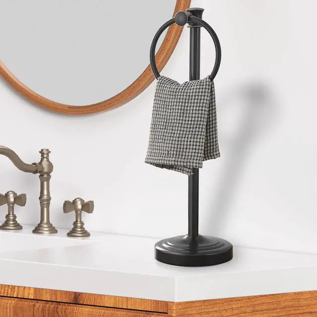 Alt view image 2 of 7 - Hand Towel Holder Free Standing Towel Bar Oil Rubbed Bronze | Hanging Floor Hand Towel Rack Ring, for Bathroom Kitchen Vanity Countertops, Hardware Accessories SUS 304 Heavy-Duty Base