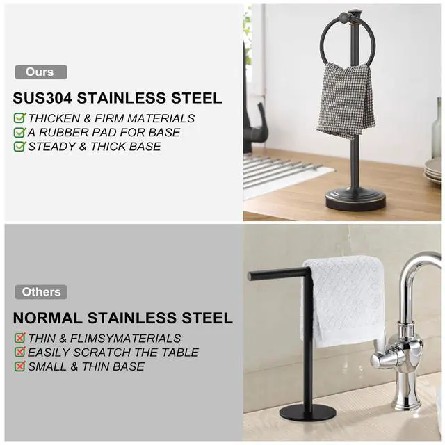Alt view image 4 of 7 - Hand Towel Holder Free Standing Towel Bar Oil Rubbed Bronze | Hanging Floor Hand Towel Rack Ring, for Bathroom Kitchen Vanity Countertops, Hardware Accessories SUS 304 Heavy-Duty Base