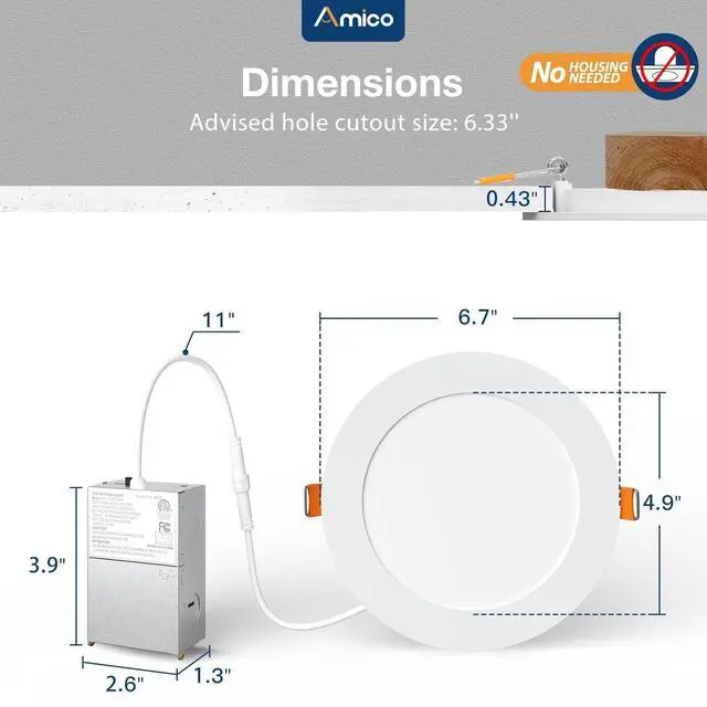 Alt view image 5 of 7 - 6 Pack 6 Inch Ultra-Thin LED Recessed Ceiling Light, 5CCT, 1050LM | 5%-100% Dimmable, 2700K-5000K, No Flicker & Noise, Canless Wafer Downlight with Junction Box, 12W Eqv 110W, IC/ETL/FCC, White
